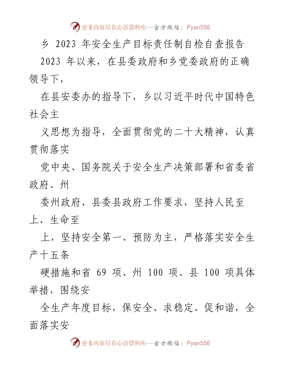 [自检自查报告] 乡安全生产工作 - 2023年安全生产目标责任制自检自查报告.docx_第1页