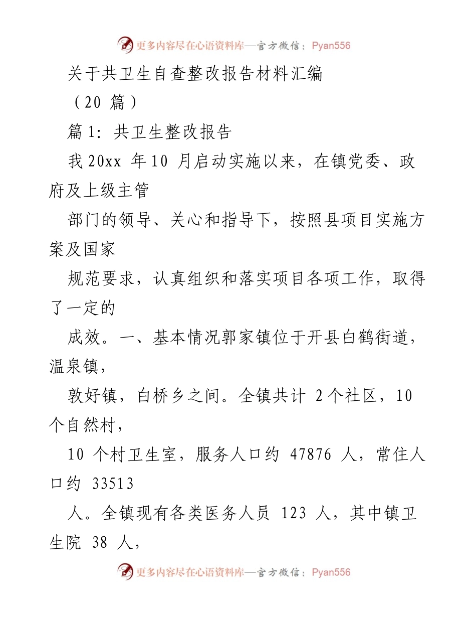 [调研报告] 卫生服务 - 共卫生自查整改报告材料汇编.docx_第1页