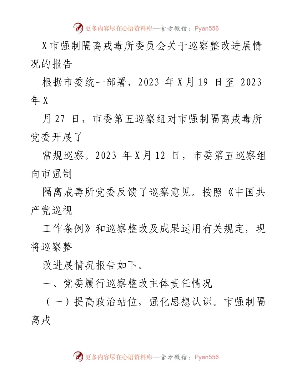 [调研报告] 巡察整改 - X市强制隔离戒毒所巡察整改进展情况报告.docx_第1页