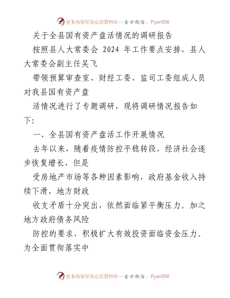 [调研报告] 县人大常委会 - 全县国有资产盘活情况调研报告.docx_第1页