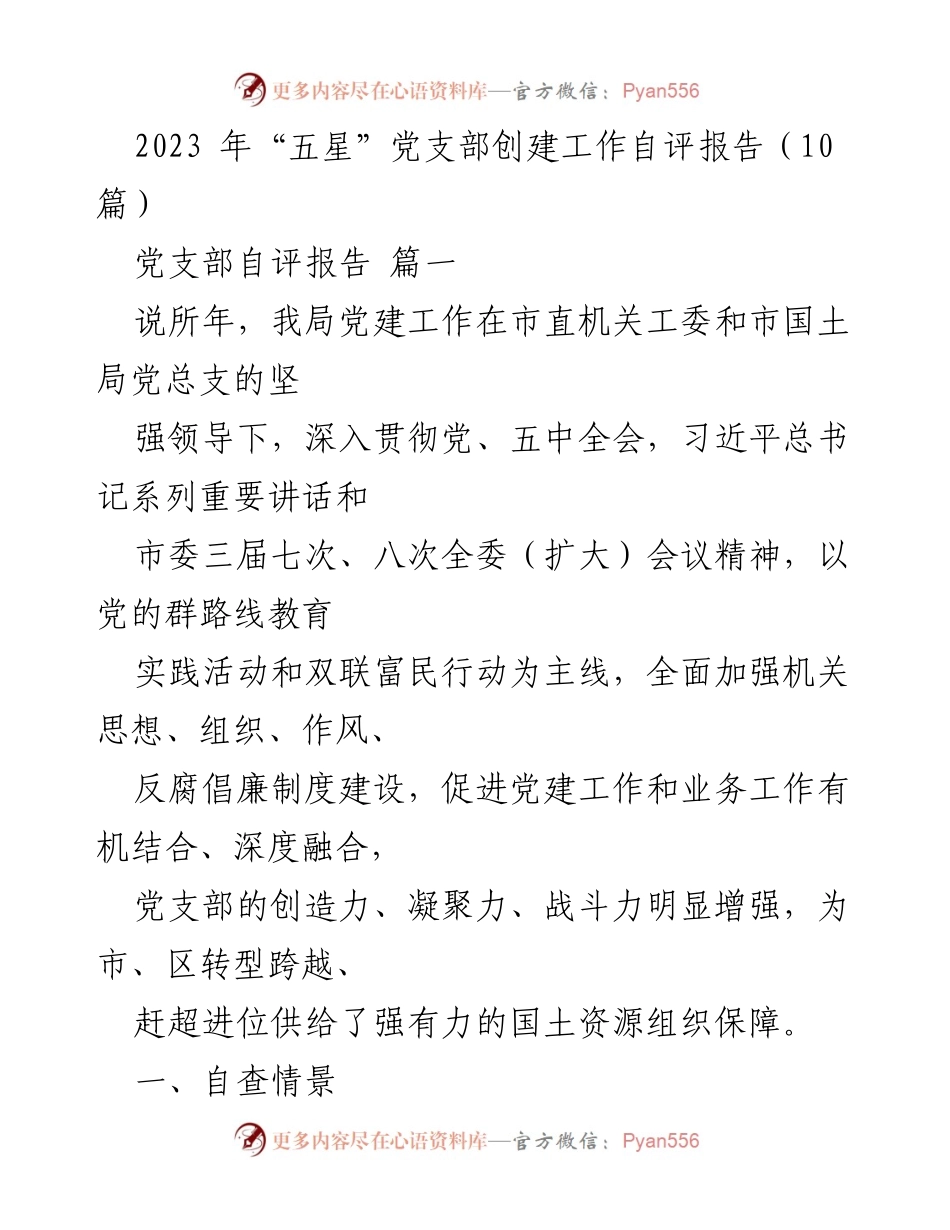 [自评报告] 党建工作 - 2023年“五星”党支部创建工作自评报告总结.docx_第1页