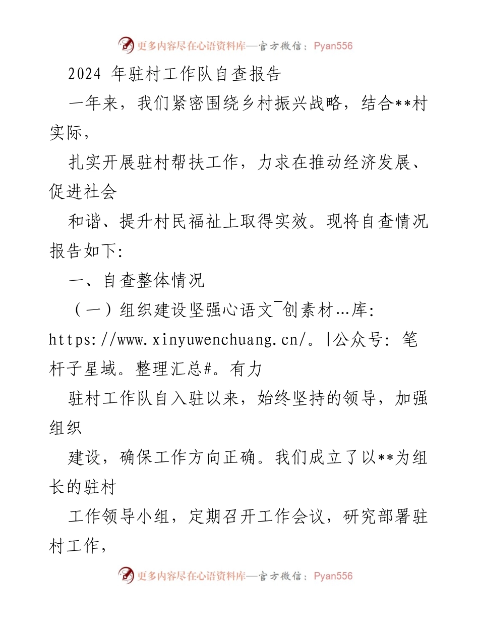 [自查报告] 驻村工作 - 2024年驻村工作队自查报告总结与成效分析.docx_第1页