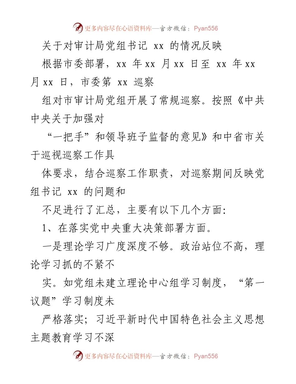 [调研报告] 巡察工作 - 关于审计局党组书记情况的巡察反馈报告.docx_第1页