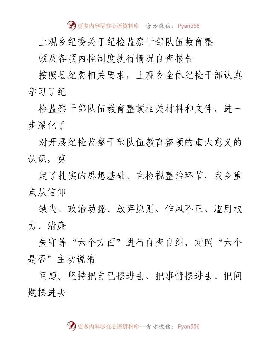 [自查报告] 纪检监察干部教育整顿 - 上观乡纪委自查报告及内控执行情况分析.docx_第1页