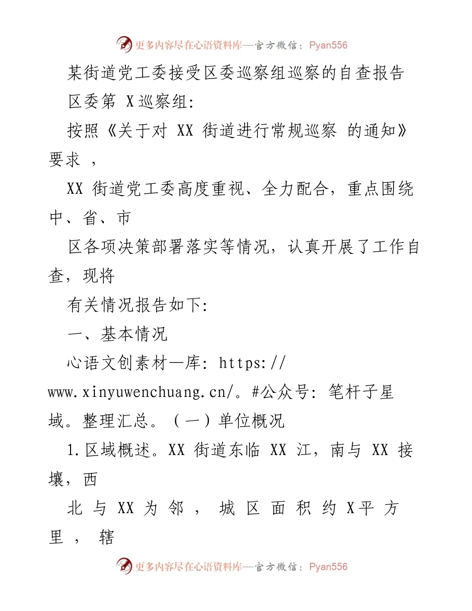 [自查报告] 巡察工作 - XX街道党工委巡察自查报告概况与成效分析.docx_第1页