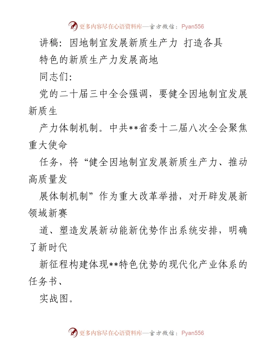 [讲稿] 会议 - 因地制宜发展新质生产力，推动高质量发展.docx_第1页