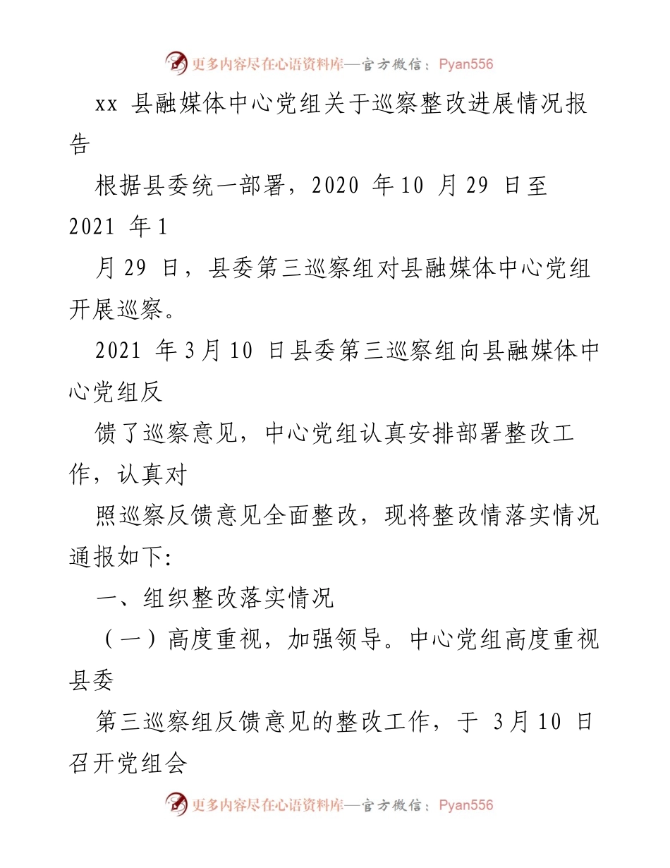 [调研报告] 巡察整改 - xx 县融媒体中心党组巡察整改进展情况报告.docx_第1页