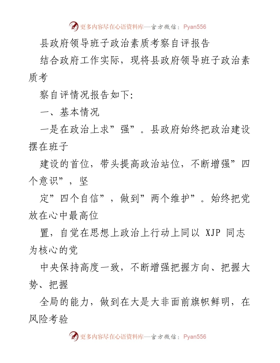 [自评报告] 政府工作 - 县政府领导班子政治素质考察自评报告_1.docx_第1页