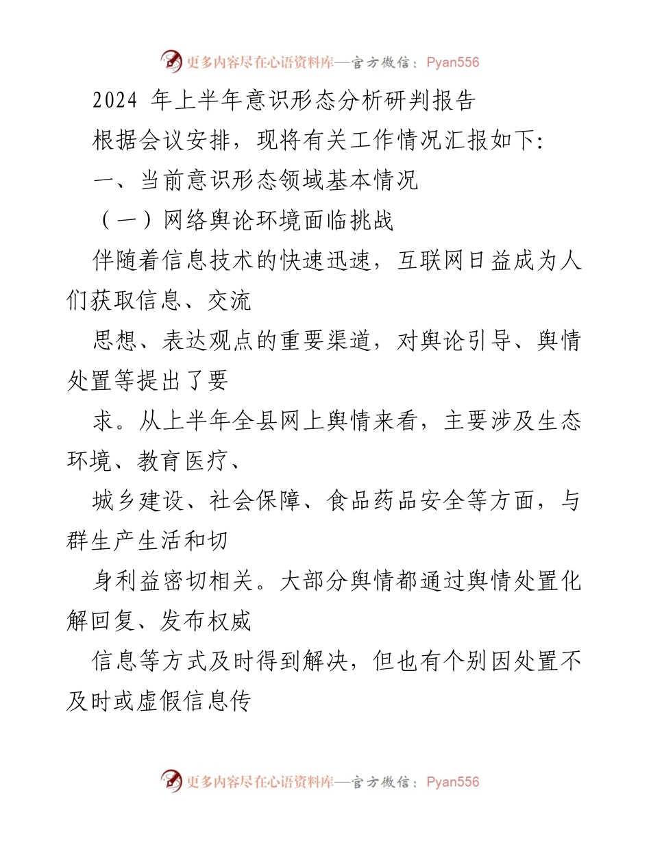[调研报告] 会议总结 - 2024年上半年意识形态领域分析与对策建议.docx_第1页