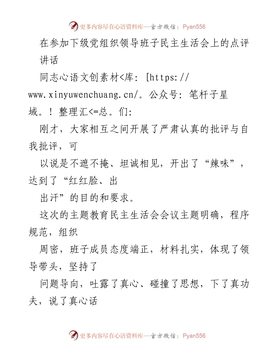 [讲话] 下级党组织民主生活会 - 深化自我批评，推动整改落实.docx_第1页