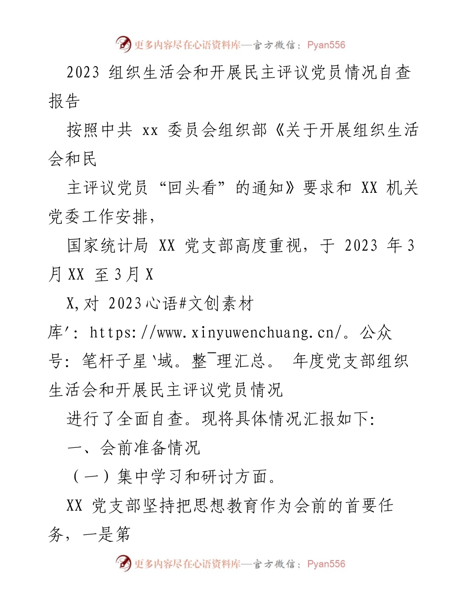 [自查报告] 组织生活会 - 2023年度党支部组织生活会及民主评议党员情况自查报告.docx_第1页