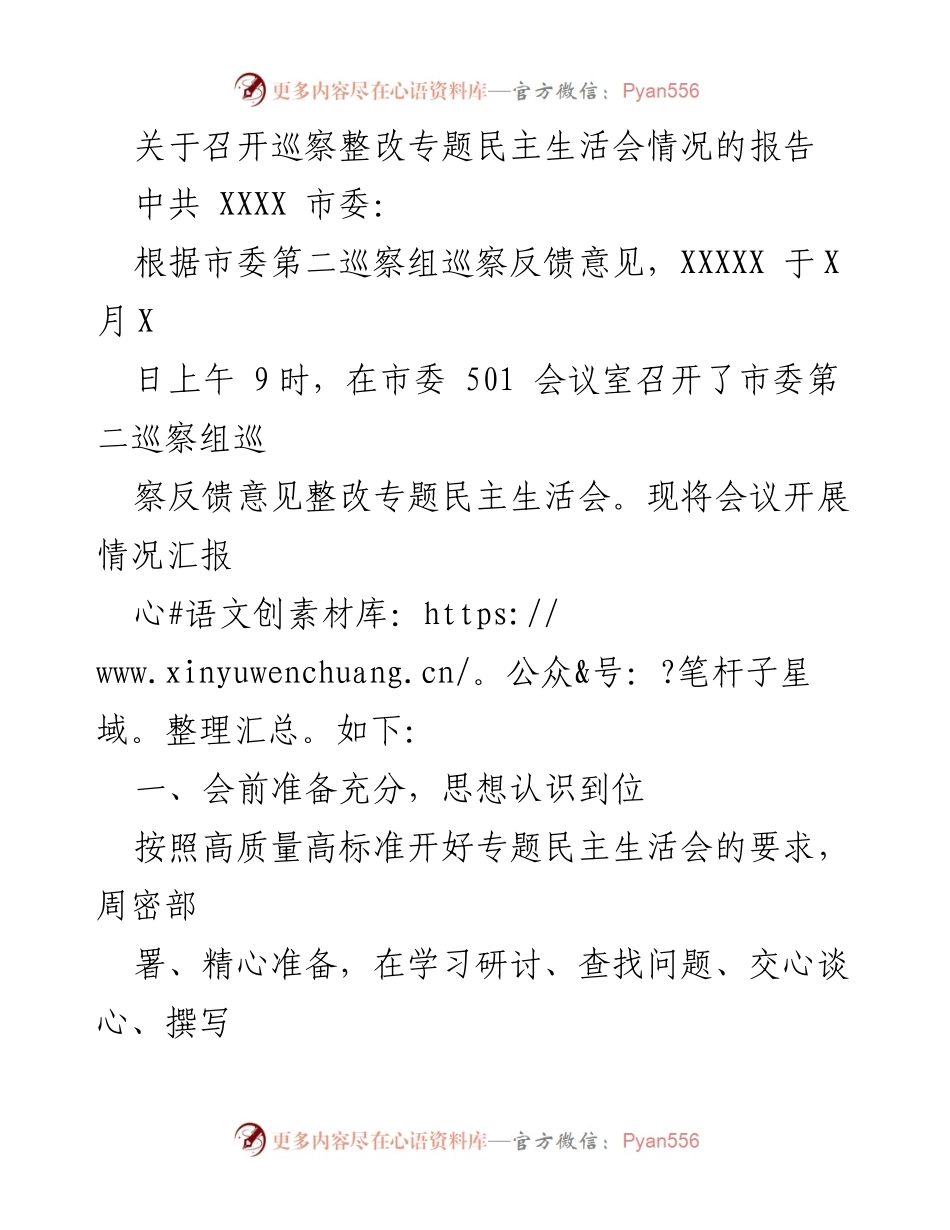 [调研报告] 巡察整改专题民主生活会 - 巡察整改专题民主生活会情况报告.docx_第1页