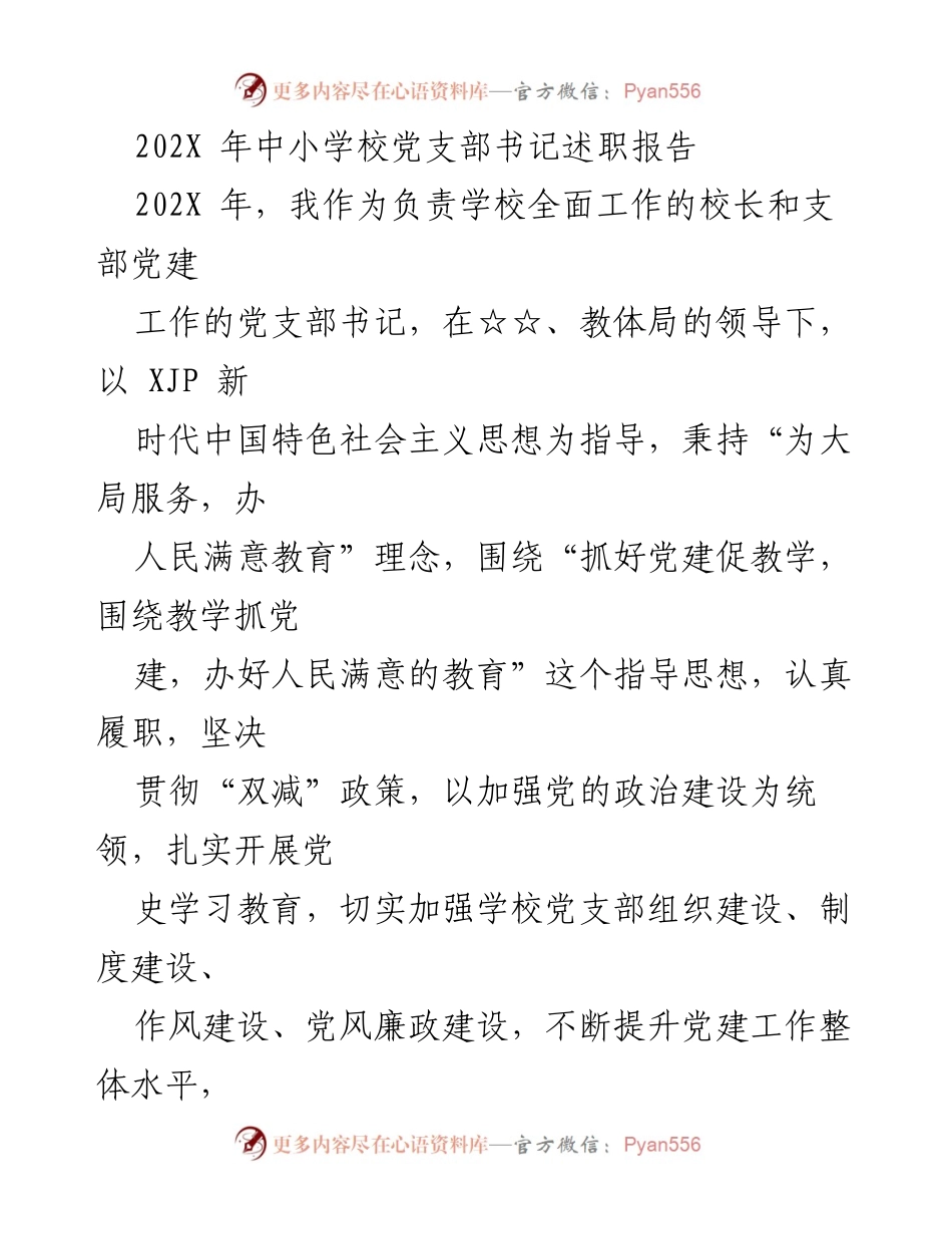 [述职报告] 中小学党支部 - 202X年中小学党支部书记述职报告与工作总结.docx_第1页