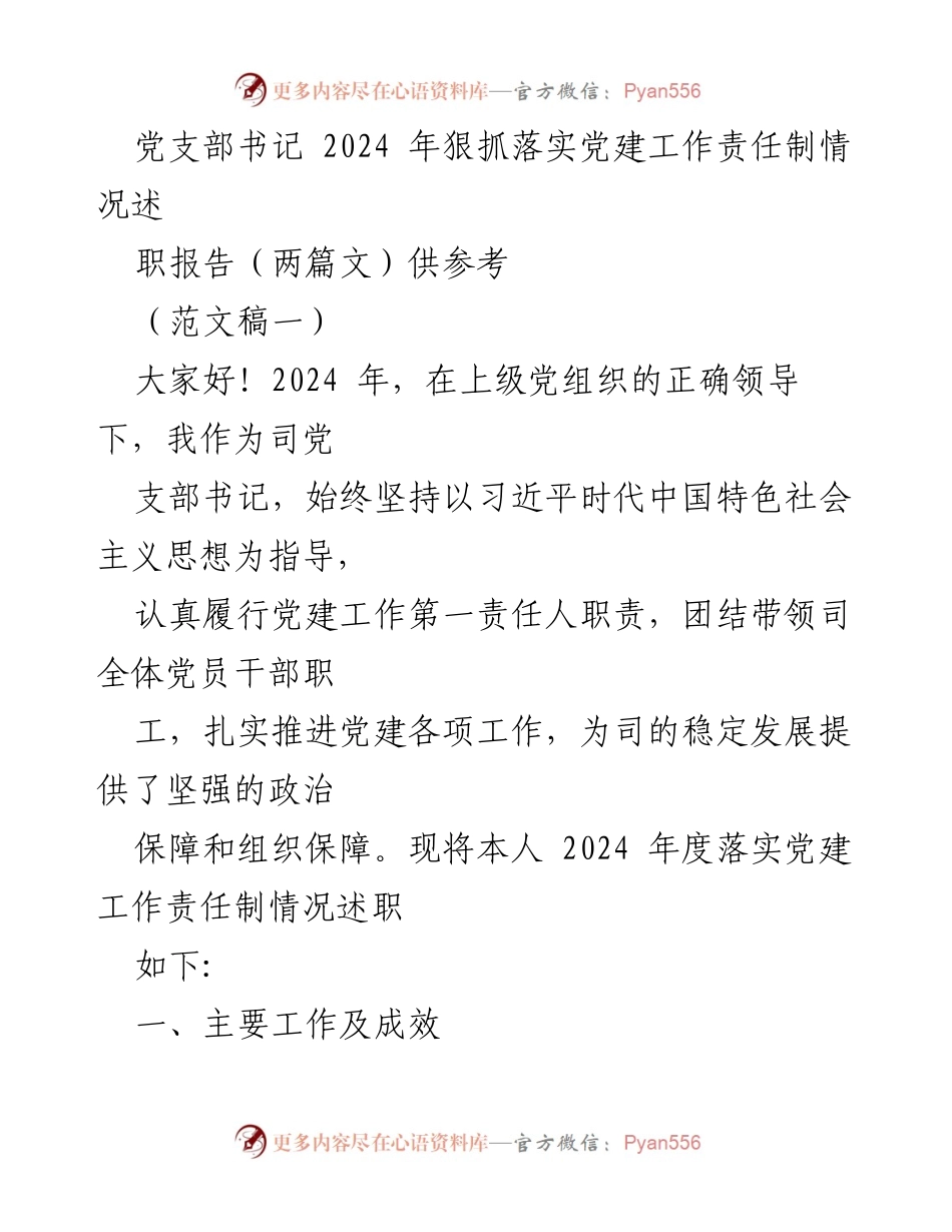 [述职报告] 党建工作 - 2024年度党建工作责任制落实情况述职报告.docx_第1页