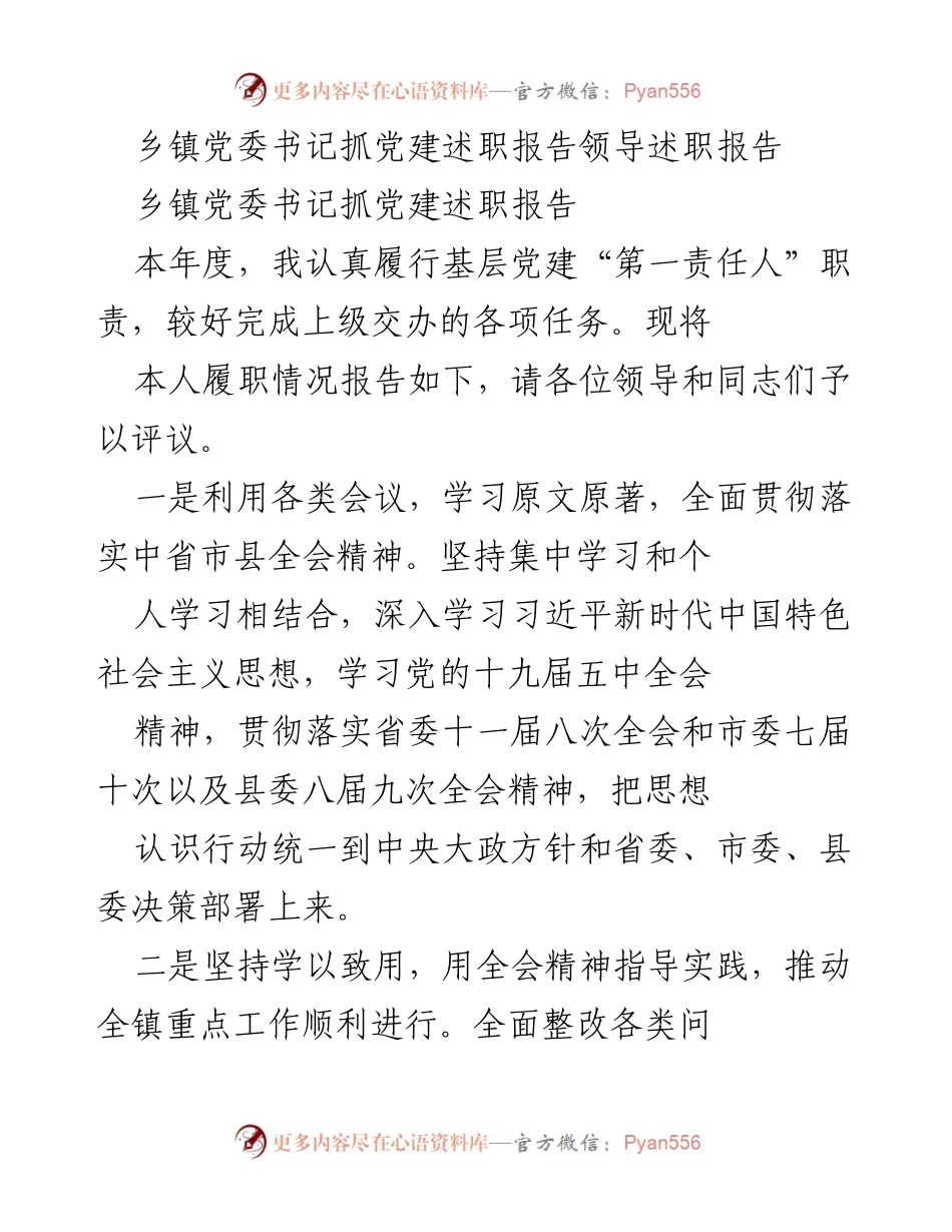 [述职报告] 乡镇党委书记 - 党建工作履职情况总结报告.docx_第1页