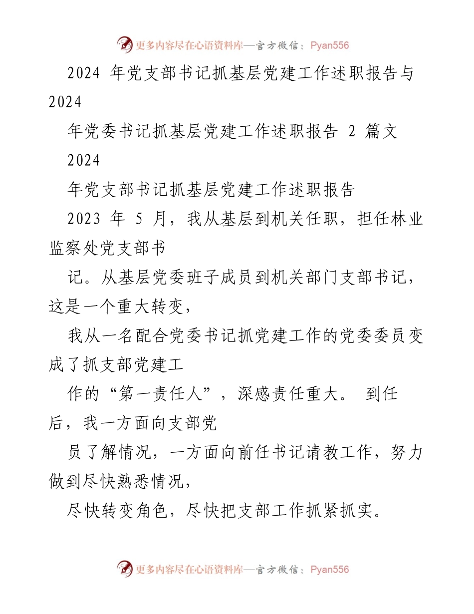 [述职报告] 党建工作会议 - 2024年党支部书记抓基层党建工作述职报告.docx_第1页
