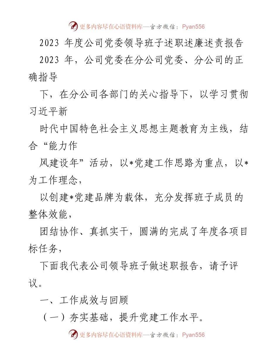 [述职报告] 公司年度总结 - 2023年度公司党委领导班子述职述廉述责报告.docx_第1页