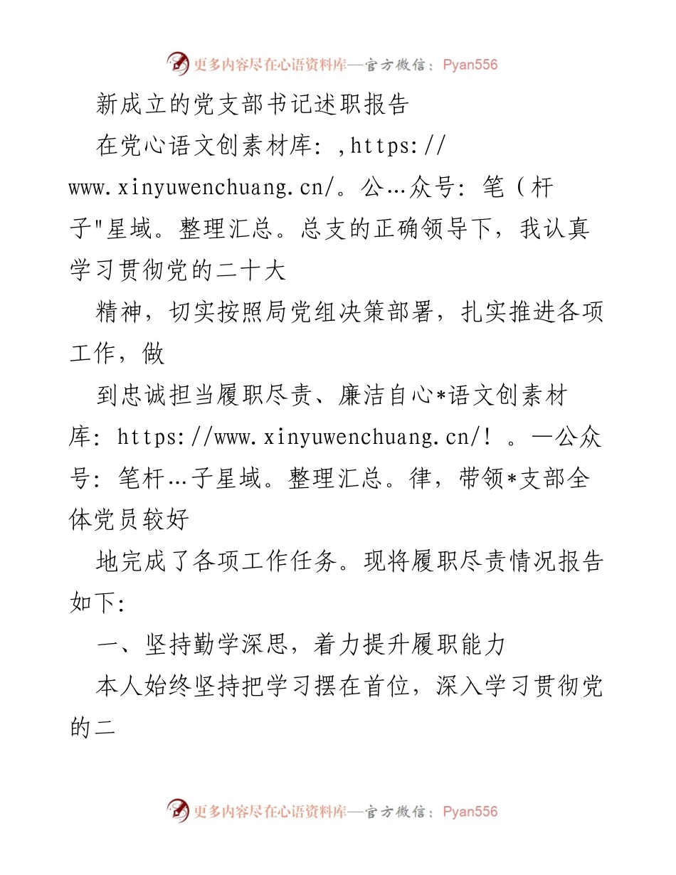 [述职报告] 党支部成立 - 新成立党支部书记履职情况述职报告.docx_第1页