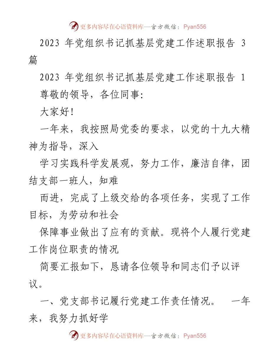 [述职报告] 党建工作总结 - 2023年党组织书记基层党建工作述职总结.docx_第1页