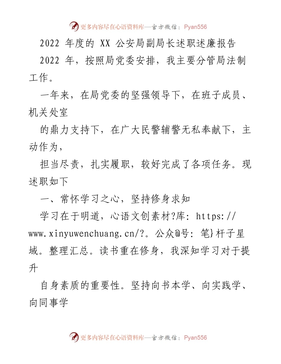 [述职报告] 公安局 - 2022年度副局长述职述廉报告.docx_第1页