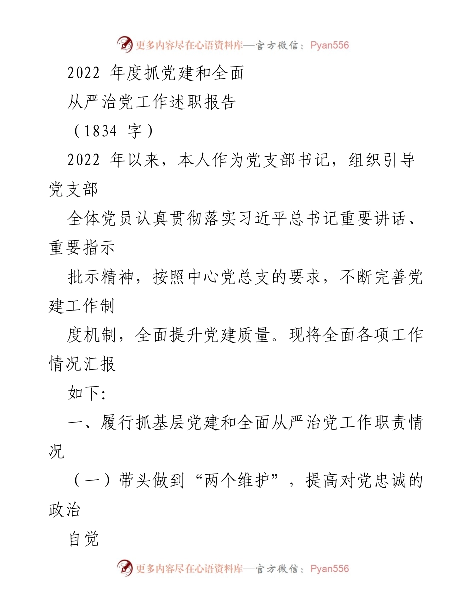 [述职报告] 党支部工作 - 2022年度党建与从严治党工作述职报告.docx_第1页