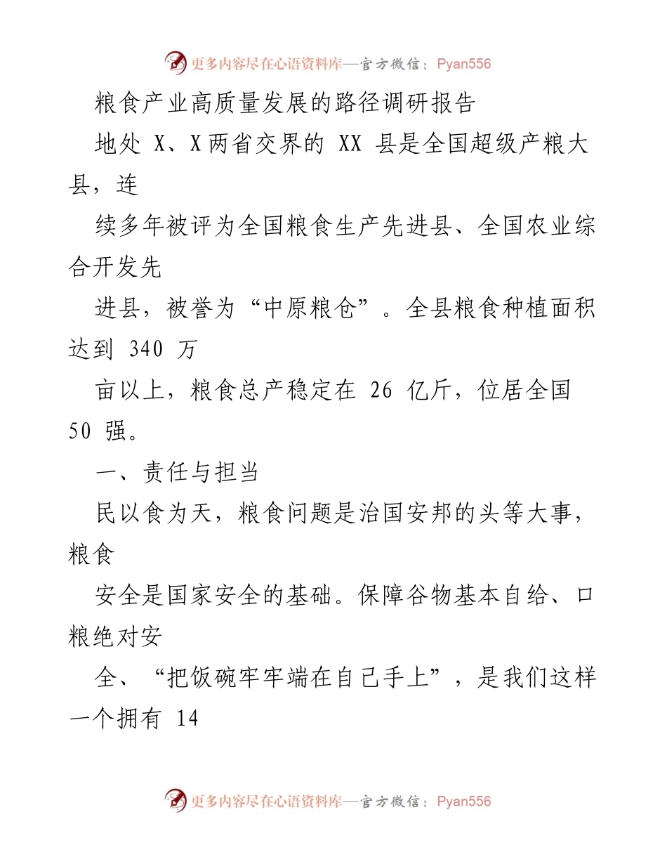 [调研报告] 粮食产业 - 粮食产业高质量发展的路径与责任担当.docx_第1页