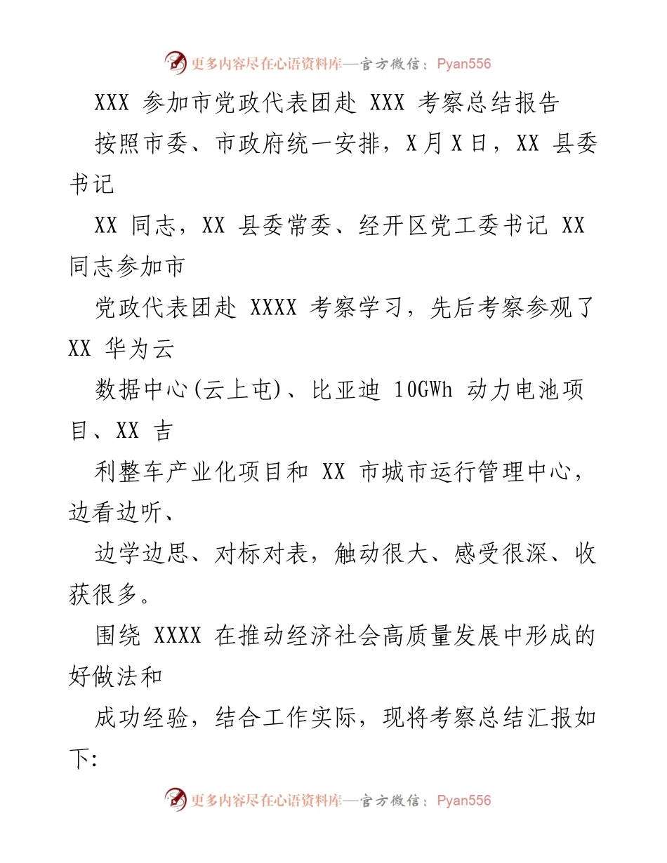 [调研报告] 考察总结 - 市党政代表团赴XXX考察学习总结报告.docx_第1页