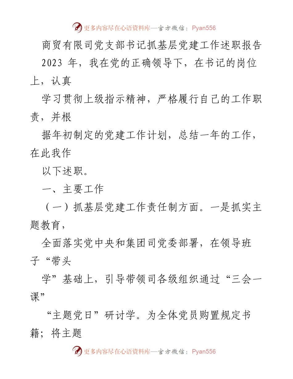 [述职报告] 党建工作 - 2023年度商贸有限司党支部书记抓基层党建工作述职报告.docx_第1页