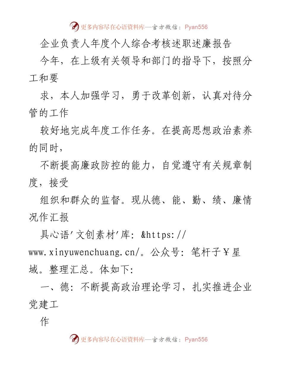 [述职报告] 企业负责人年度考核 - 企业负责人年度述职述廉报告.docx_第1页