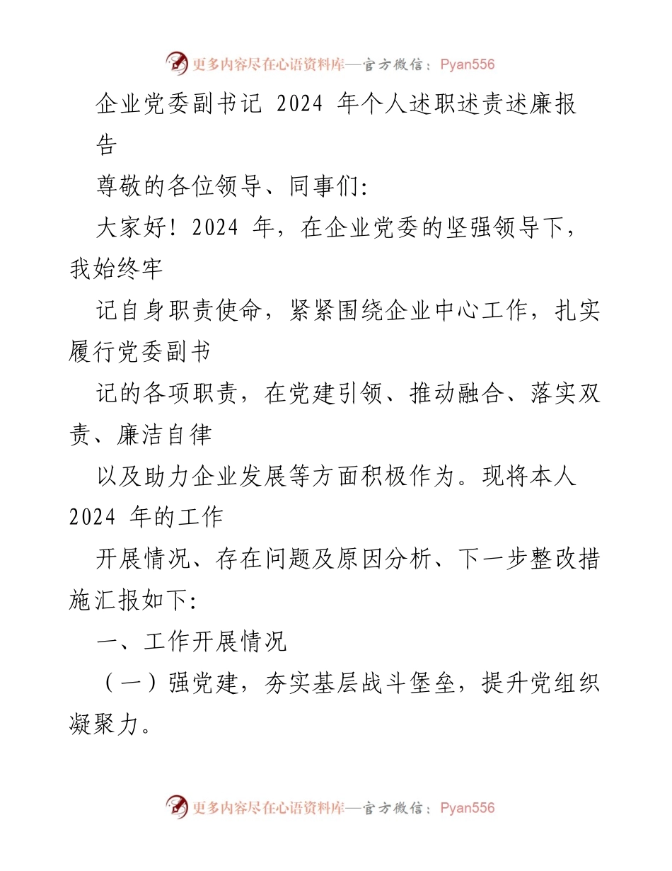 [述职报告] 企业党委 - 2024年党委副书记个人述职述责述廉报告.docx_第1页