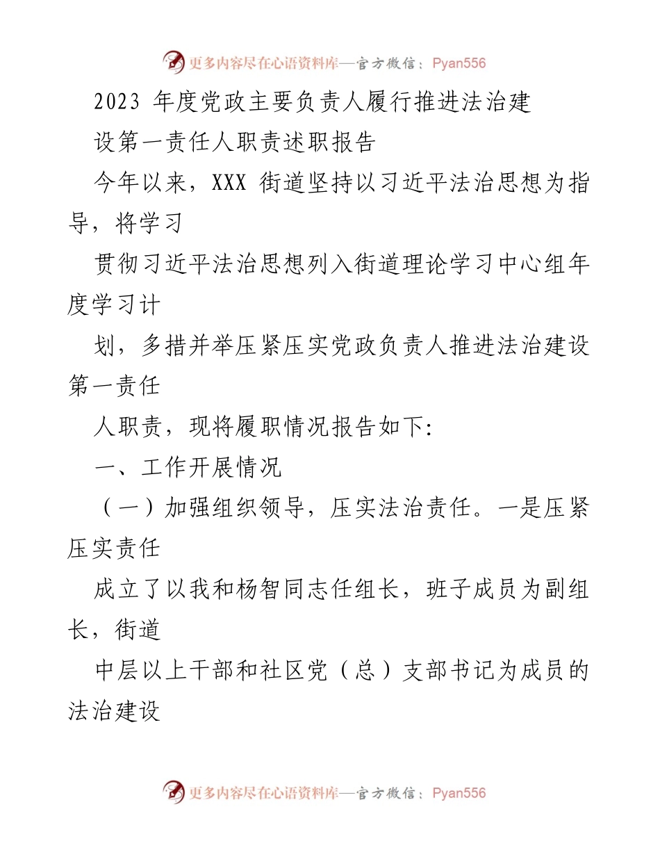 [述职报告] 2023年度法治建设 - 2023年度党政主要负责人法治建设履职述职报告.docx_第1页