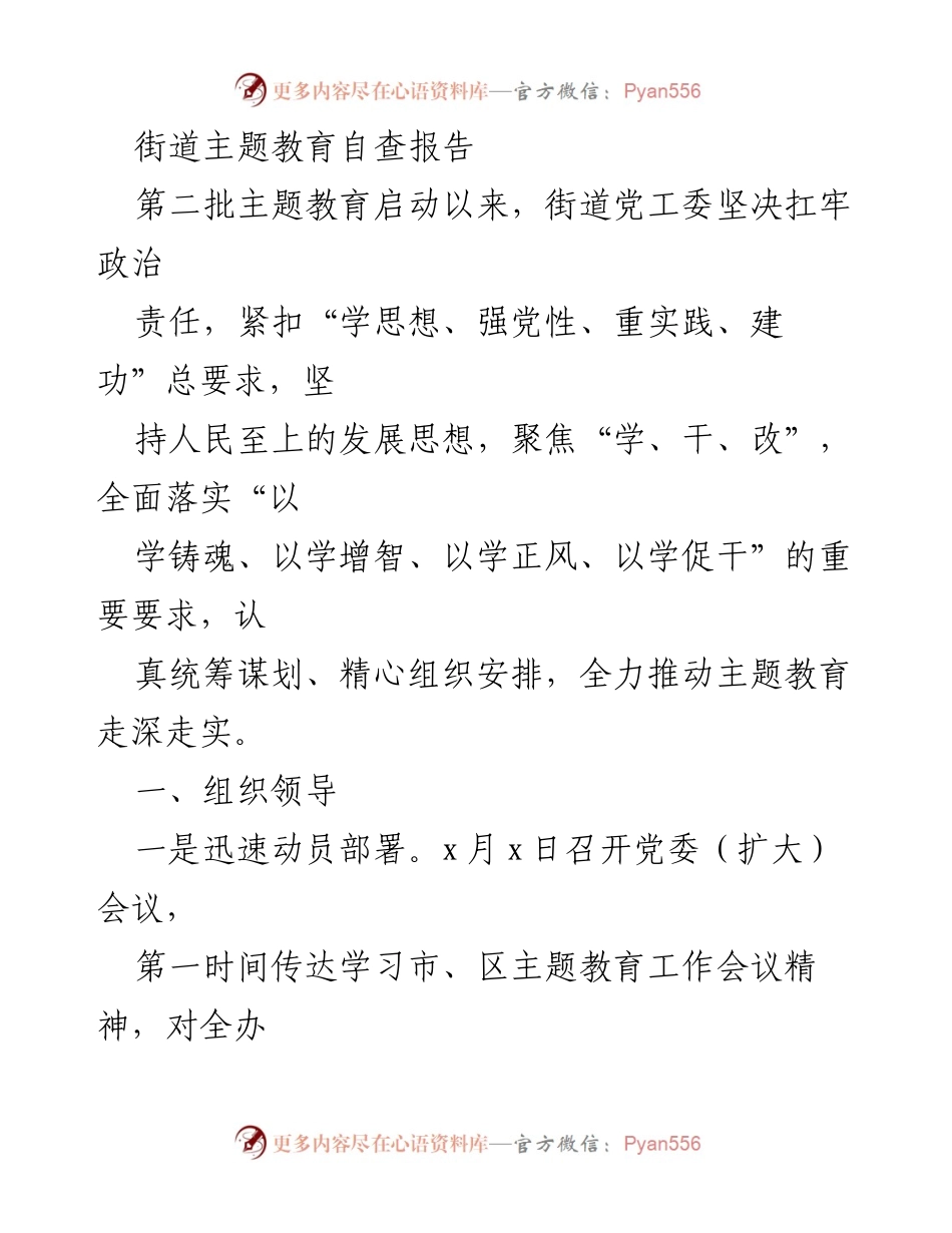 [调研报告] 街道主题教育 - 街道主题教育自查报告总结与实施情况分析.docx_第1页