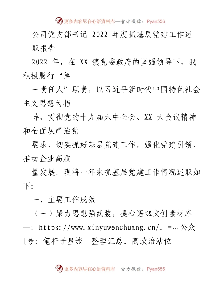 [述职报告] 公司党支部年度工作 - 2022年度基层党建工作述职报告.docx_第1页