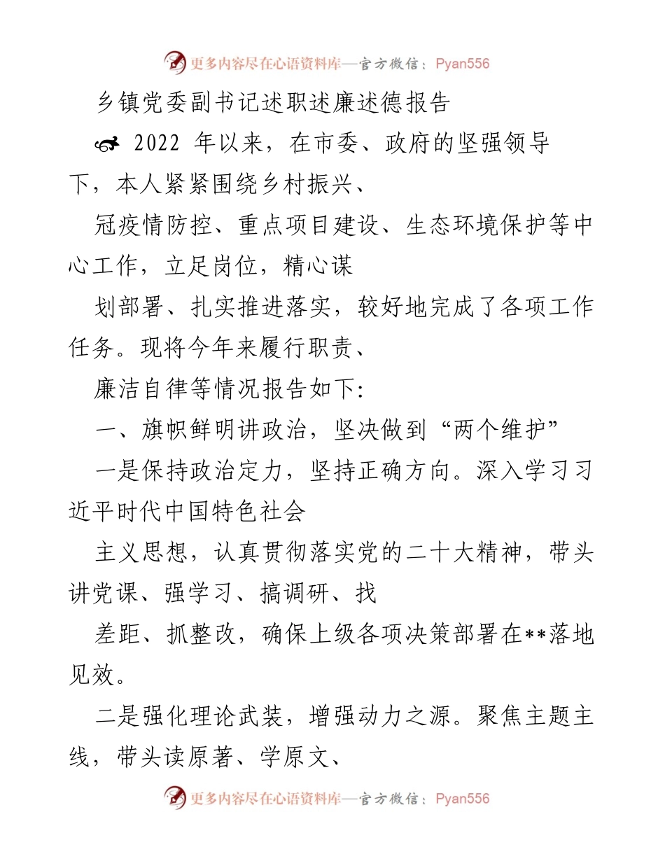 [述职报告] 乡镇党委工作 - 乡镇党委副书记2022年度述职述廉报告.docx_第1页