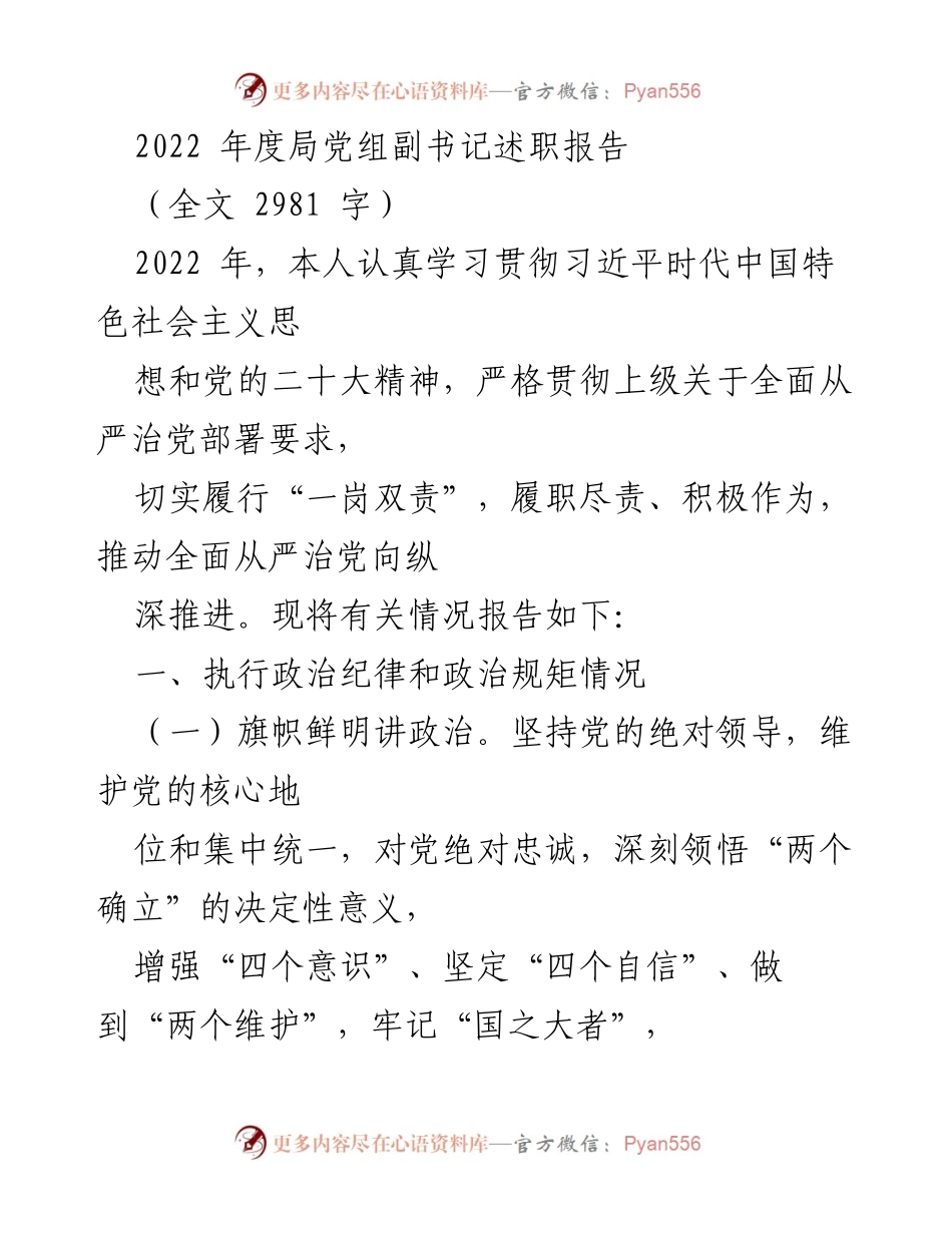 [述职报告] 党组会议 - 2022年度党组副书记履职情况总结.docx_第1页