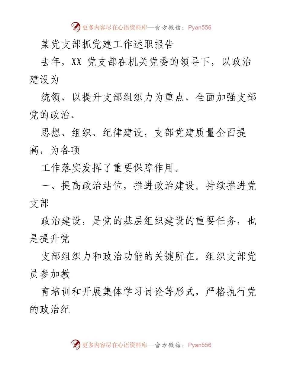 [述职报告] 党建工作 - 提升支部组织力与政治建设的实践总结.docx_第1页