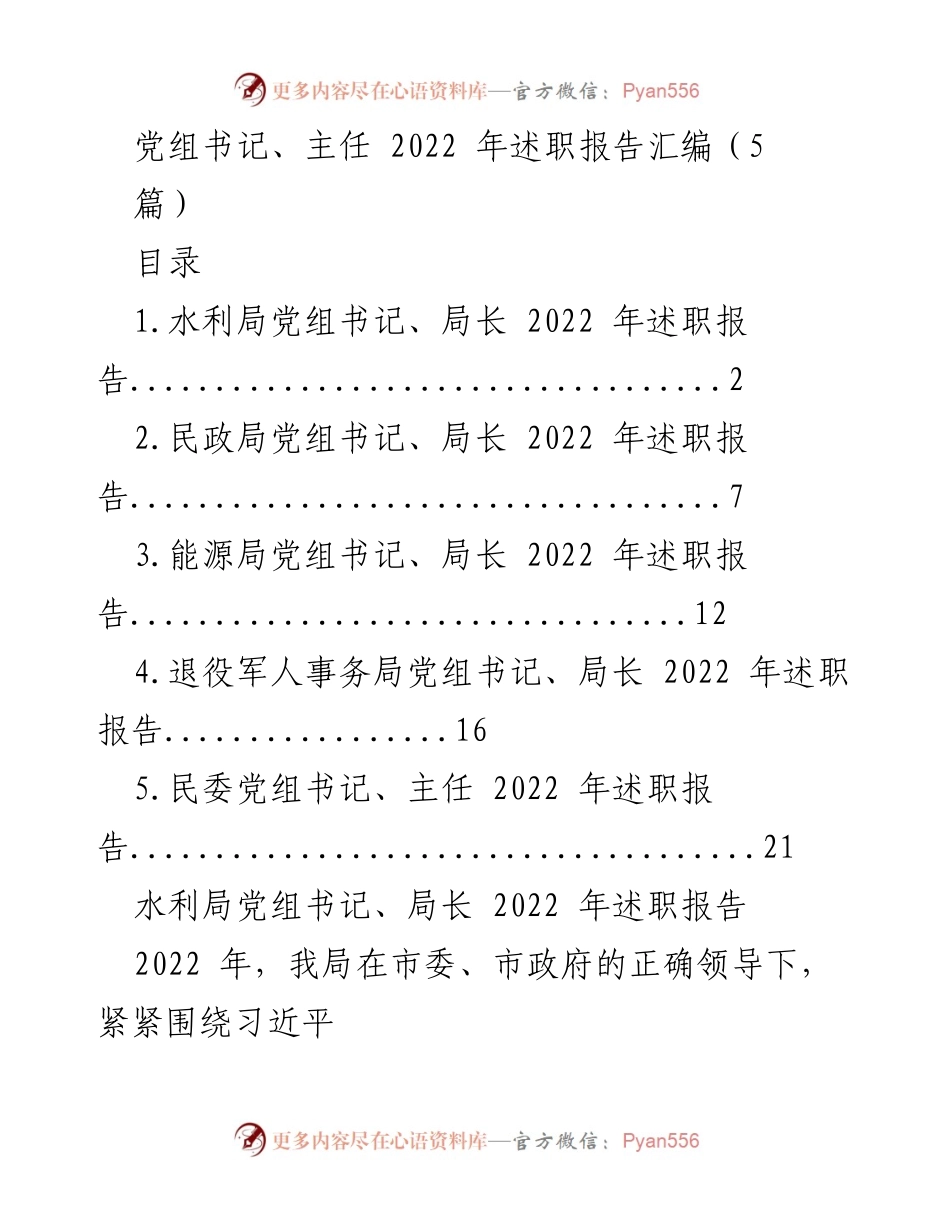 [述职报告] 2022年度工作总结 - 水利局党组书记述职报告.docx_第1页