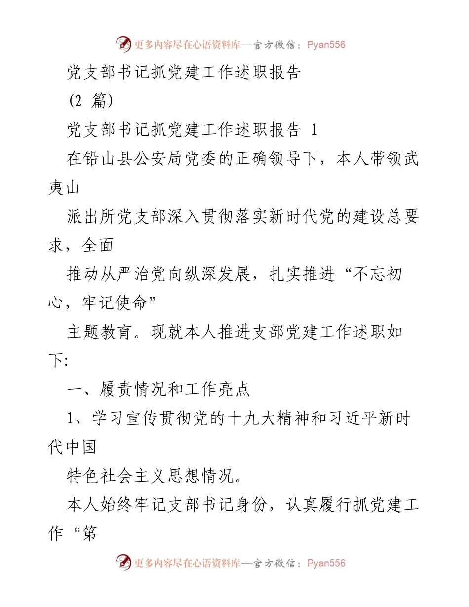 [述职报告] 党建工作 - 党支部书记在新时代党的建设中的履责与亮点总结.docx_第1页