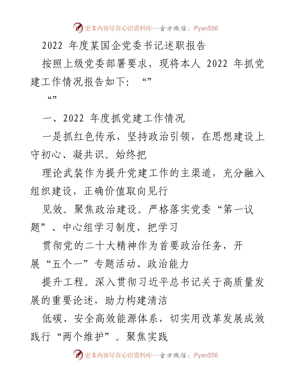 [述职报告] 国企党委书记 - 2022年度党建工作述职报告_1.docx_第1页