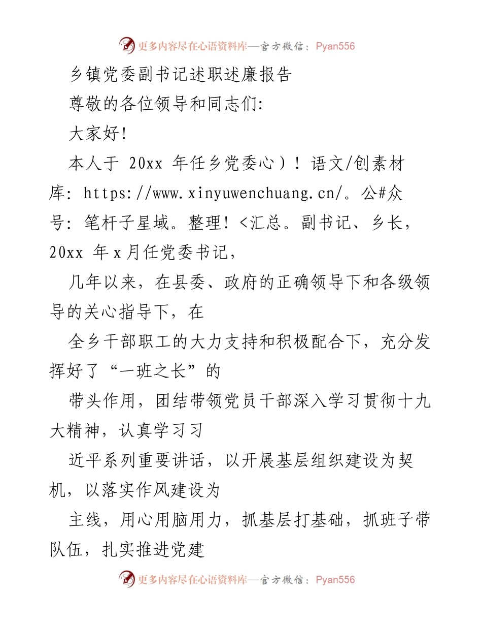 [述职报告] 乡镇党委 - 乡镇党委副书记述职述廉总结报告.docx_第1页