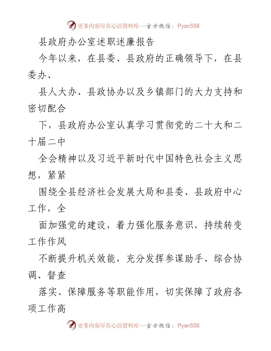 [述职报告] 县政府办公室 - 加强党建工作，提升服务效能.docx_第1页
