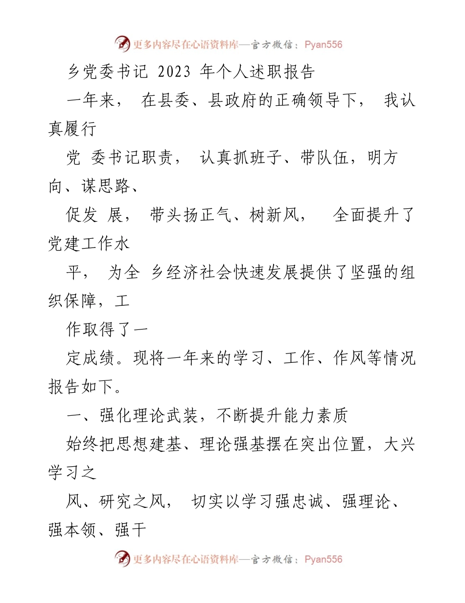 [述职报告] 乡党委工作 - 2023年乡党委书记个人述职报告.docx_第1页