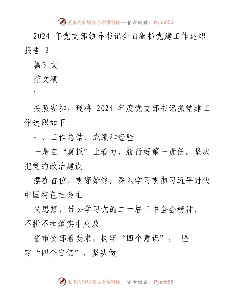 [述职报告] 党建工作 - 2024年度党支部书记党建工作述职报告.docx_第1页