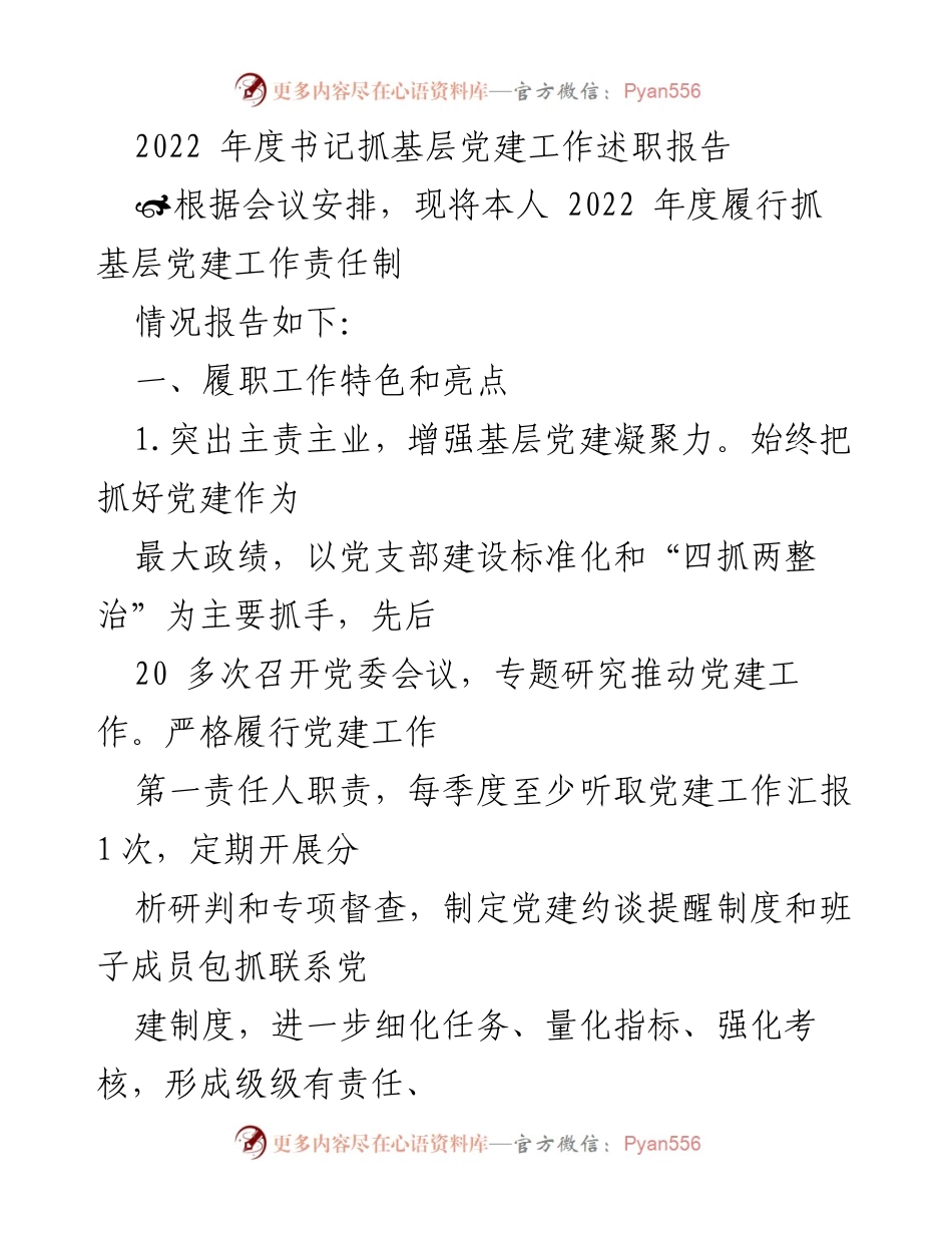 [述职报告] 党建工作会议 - 2022年度书记基层党建工作述职报告.docx_第1页