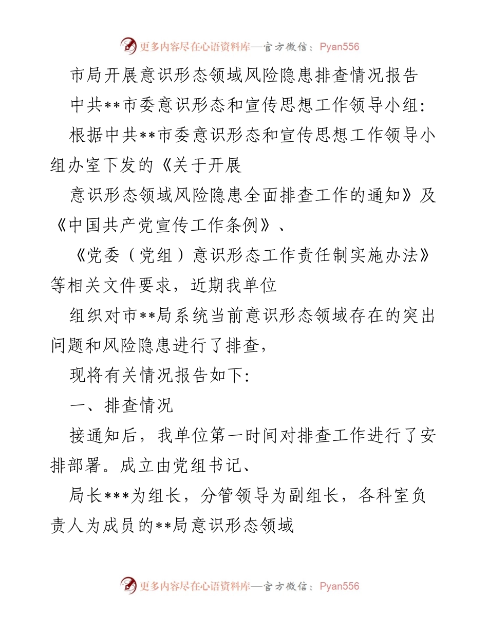 [调研报告] 意识形态风险隐患排查 - 市局意识形态领域风险隐患排查情况报告_1.docx_第1页