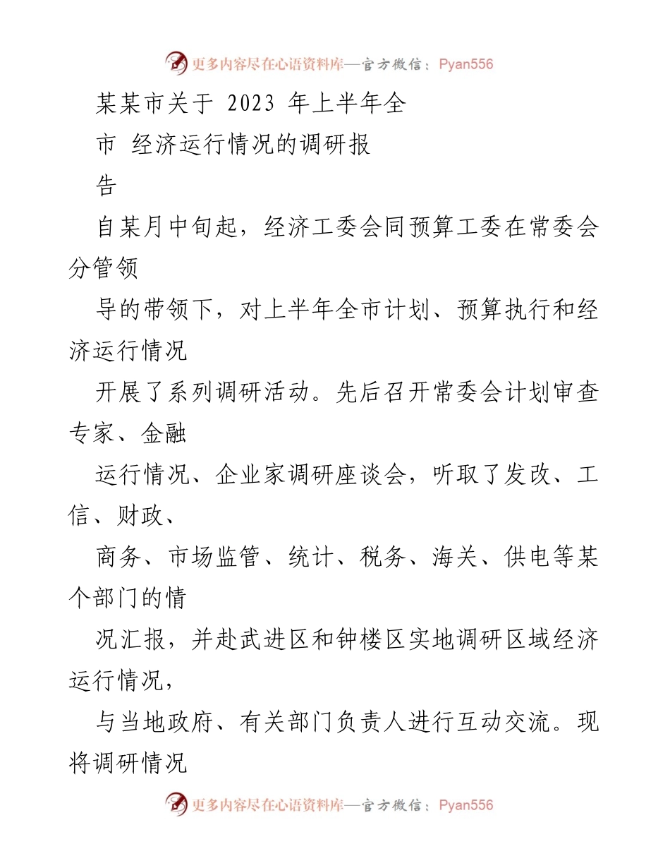 [调研报告] 经济运行情况 - 2023年上半年某某市经济运行调研报告.docx_第1页