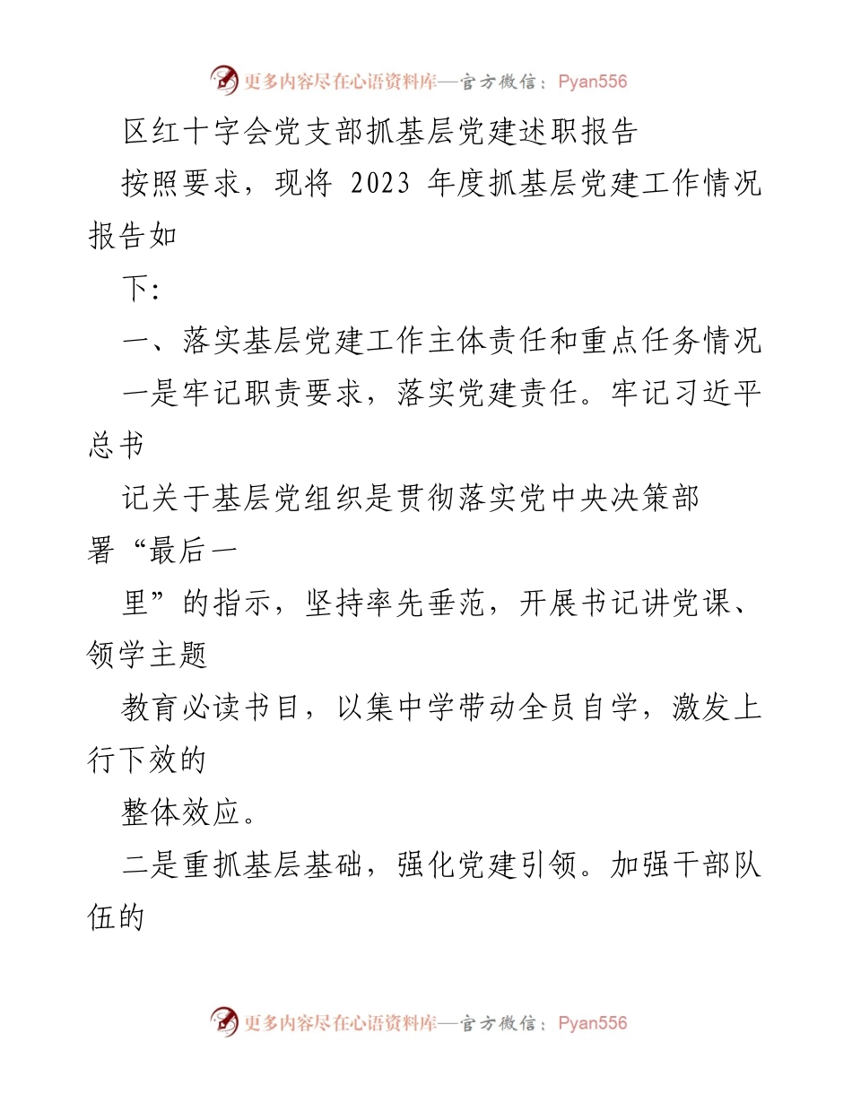 [述职报告] 党建工作总结 - 2023年度区红十字会党支部基层党建工作述职报告.docx_第1页