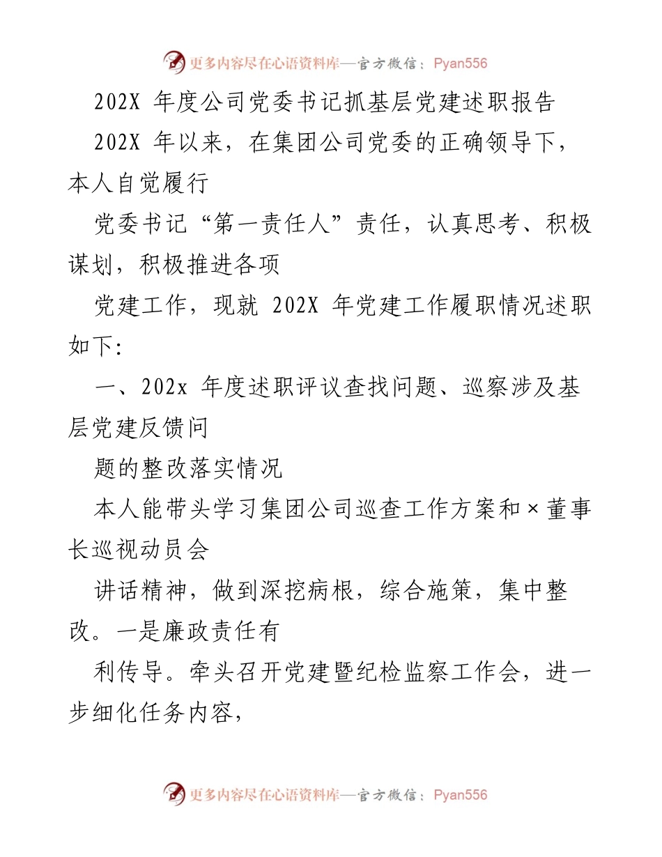 [述职报告] 党委会议 - 202X年度党建工作履职情况述职报告.docx_第1页