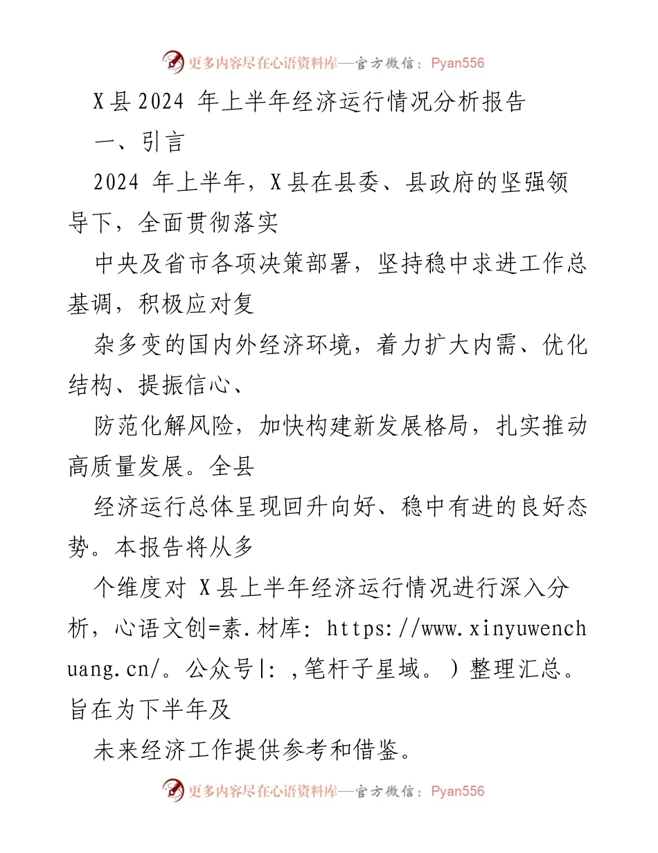 [调研报告] 经济分析 - X县2024年上半年经济运行情况分析报告.docx_第1页