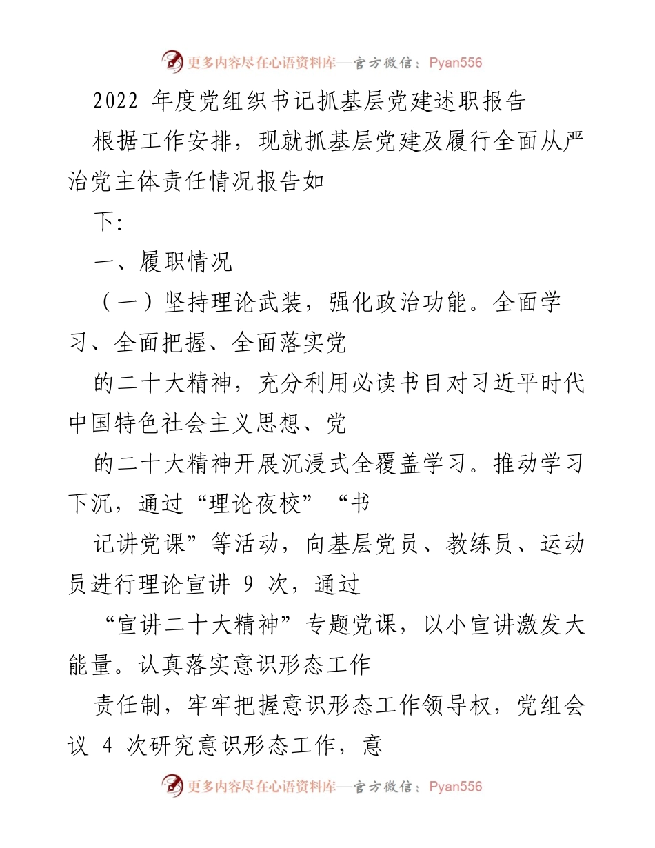 [述职报告] 党组织书记述职 - 2022年度基层党建工作述职报告.docx_第1页